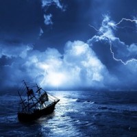 A ship sailing into a lightning storm