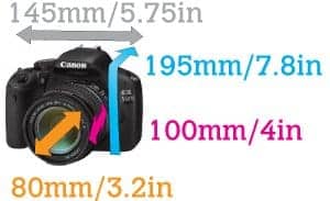 This graphic shows the proportions of camera and lens that the Aquapac Waterproof DSLR bag can accomodate.