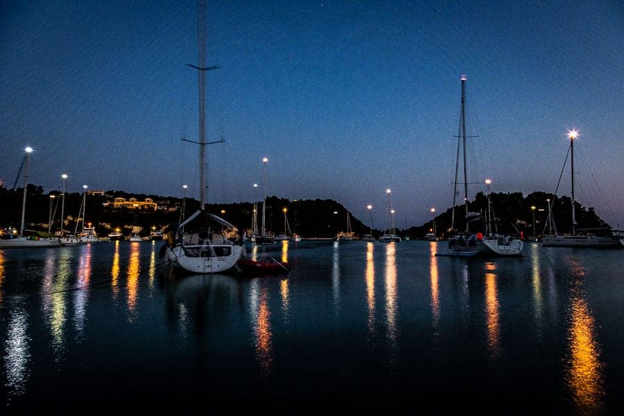 A picture of the lights from the boats moored in the lovely harbour on arrival to the town of Lakka on the wonderful Greek Island of Paxos