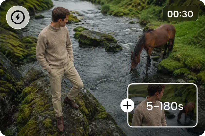 Dreamina video illustration showing a man and horse beside a stream.