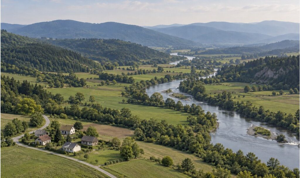 Aerial drone photo of a river valley after haze removal