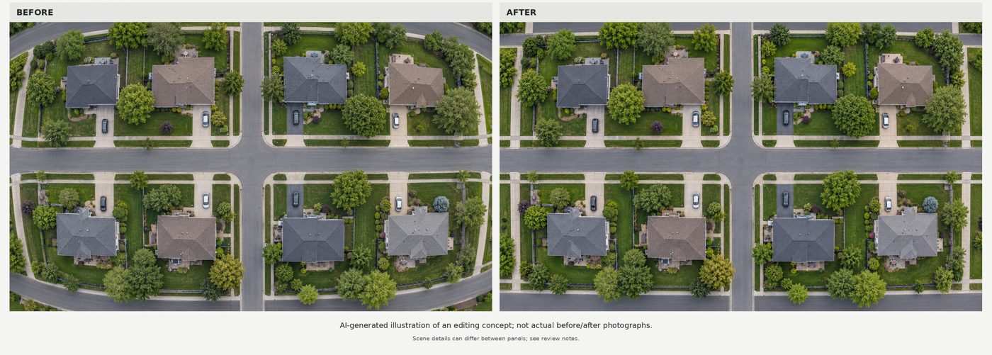Before and after illustration of correcting barrel distortion in a drone photo