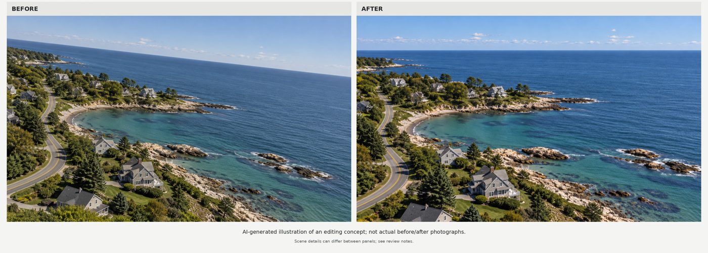 Before and after illustration of straightening a crooked horizon in a drone photo
