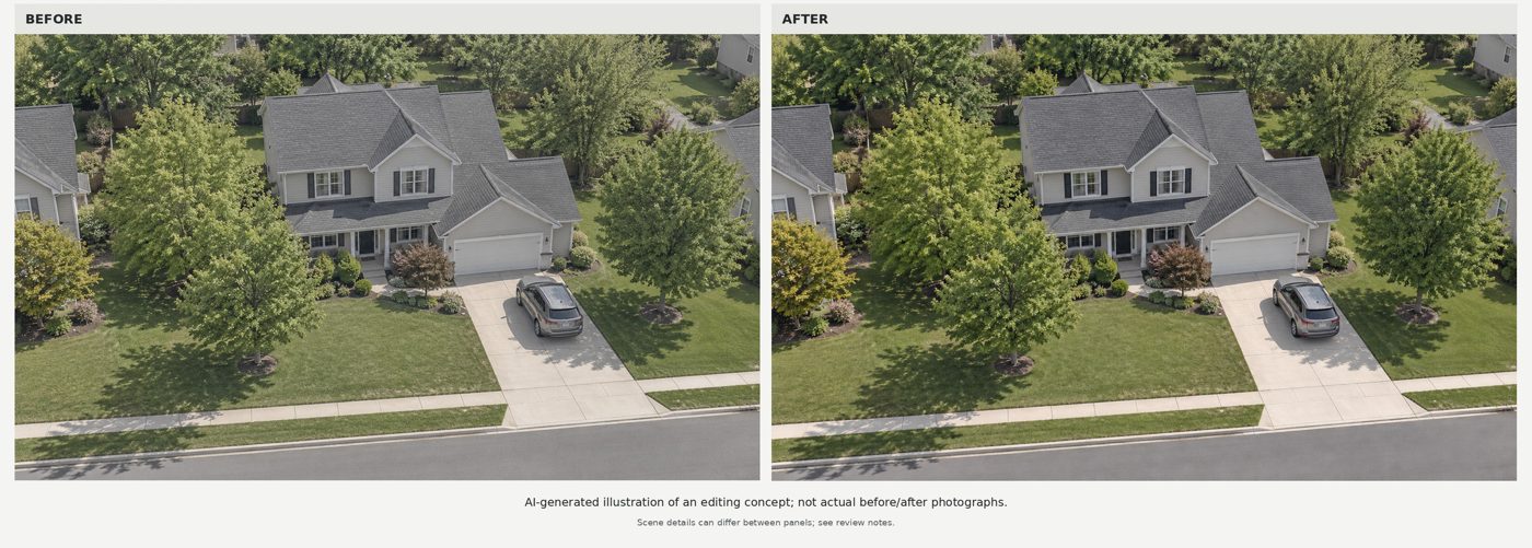 Before and after illustration of adding depth to a flat midday aerial photo