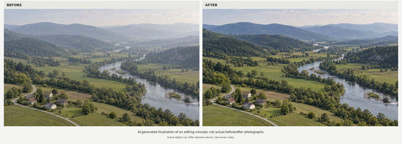 Before and after illustration of removing haze from a drone landscape photo