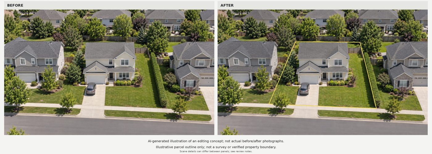 Before and after illustration of a property boundary outline on a real estate aerial photo