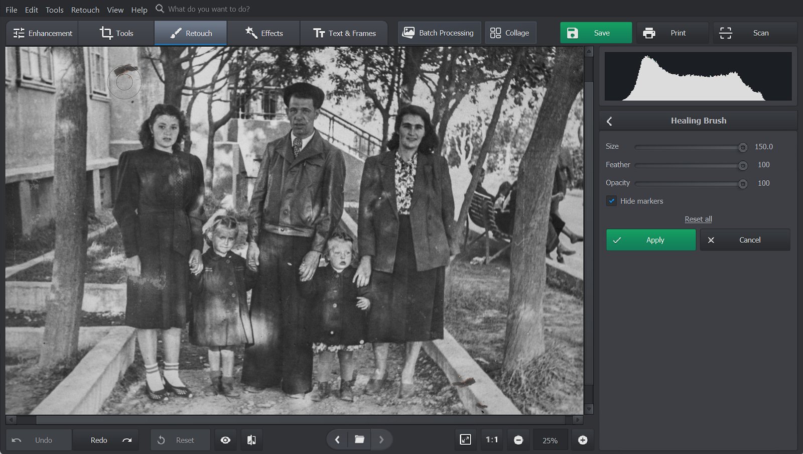 Healing brush cleanup of scratches in PhotoGlory
