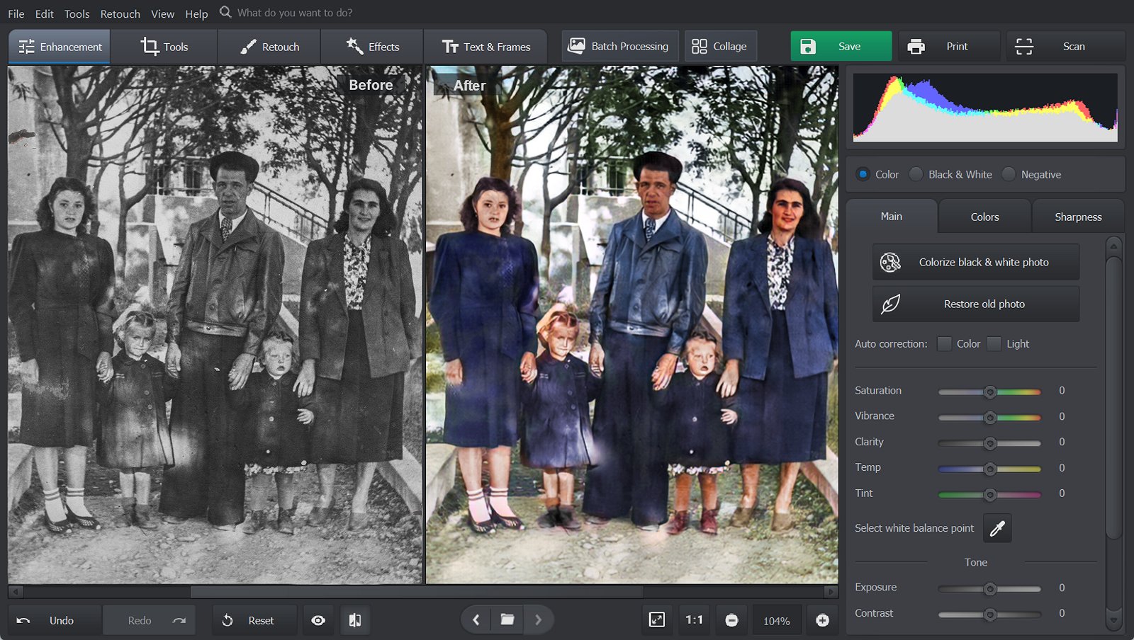 Colorizing a black-and-white photo in PhotoGlory