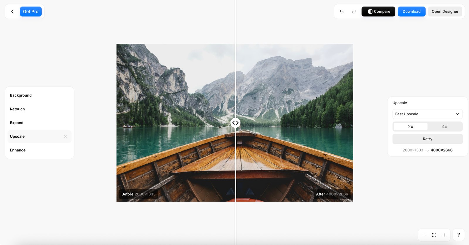 Pixelcut AI upscaler before and after comparison of a mountain lake photo