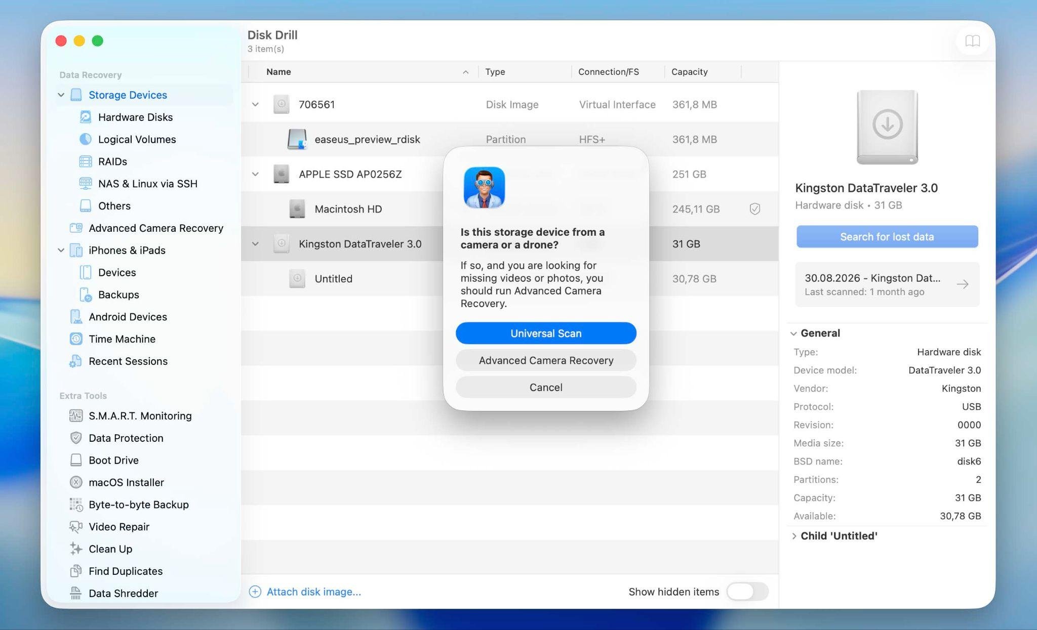 Disk Drill Advanced Camera Recovery scan on Mac