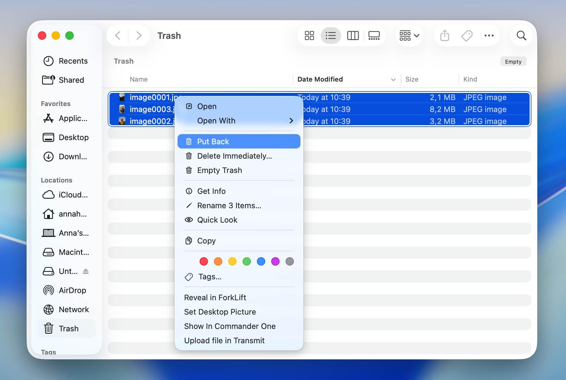Restoring deleted photos from the Mac Trash