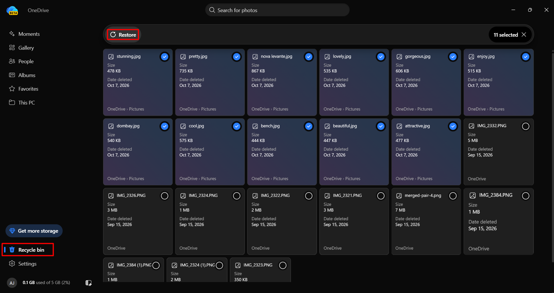 Restoring photos from the OneDrive Recycle bin.