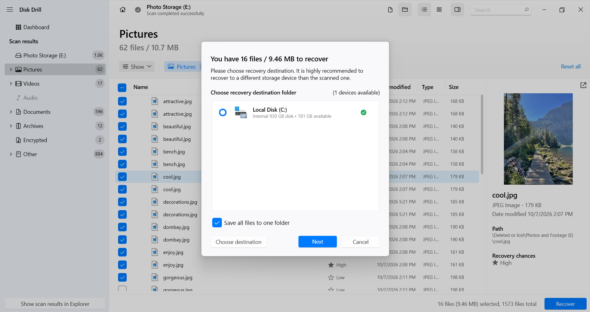 Choosing a different drive to save recovered photos.